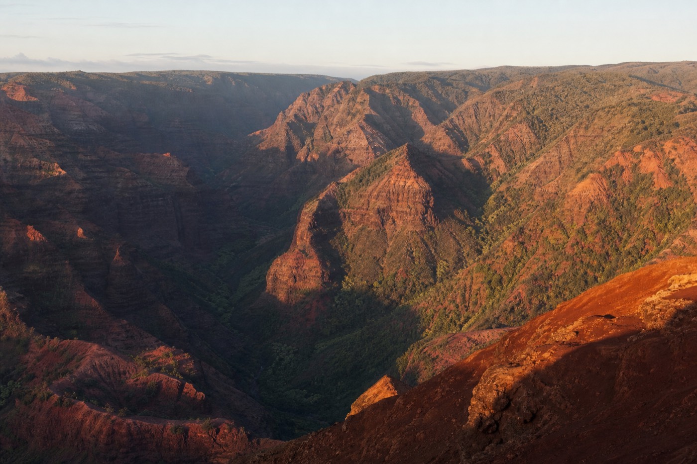 Morning light on the clear red cliffs of Waimea Canyon before afternoon clouds move in
