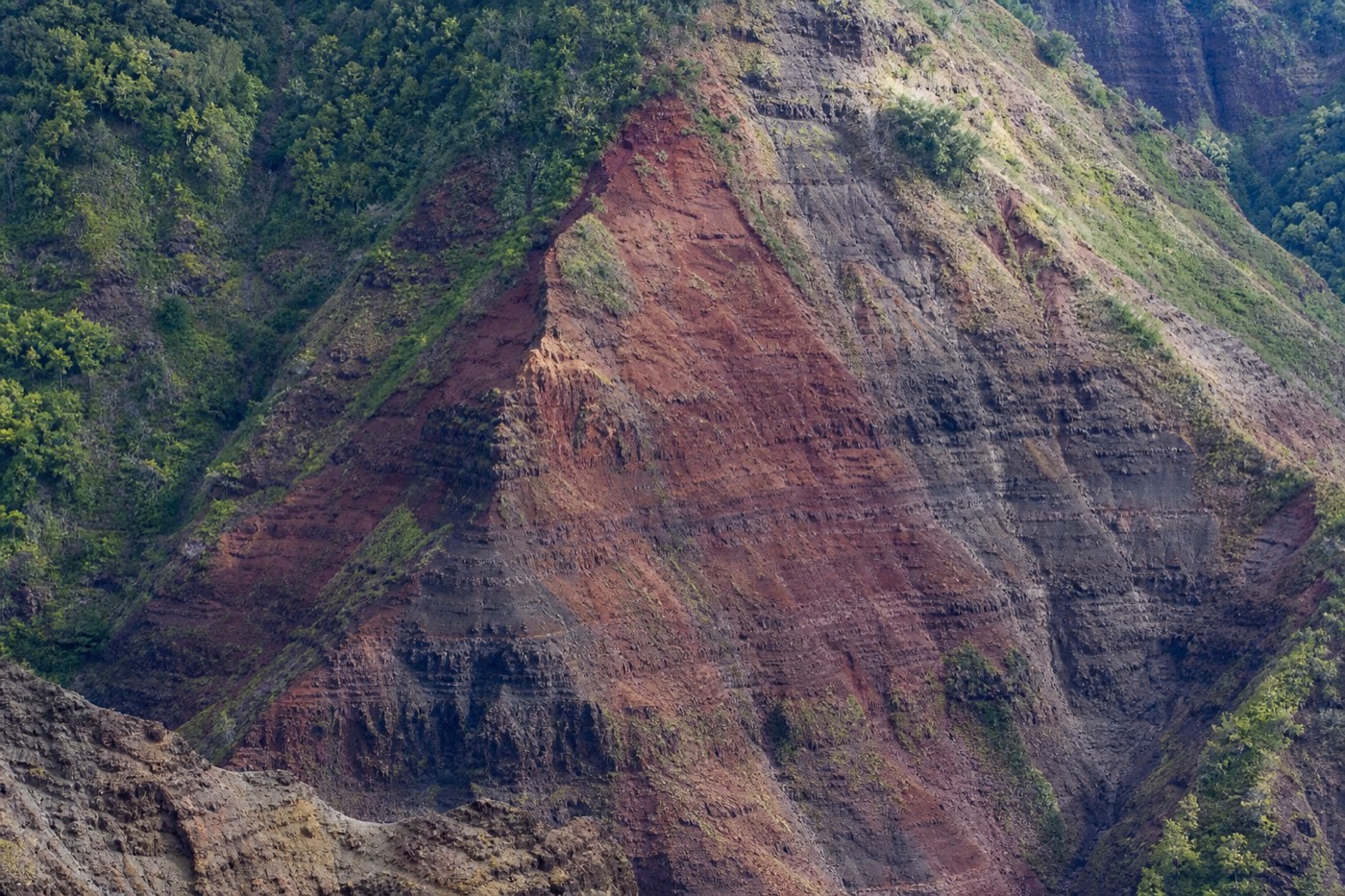 Layered red and green volcanic cliffs of Waimea Canyon, the Grand Canyon of the Pacific