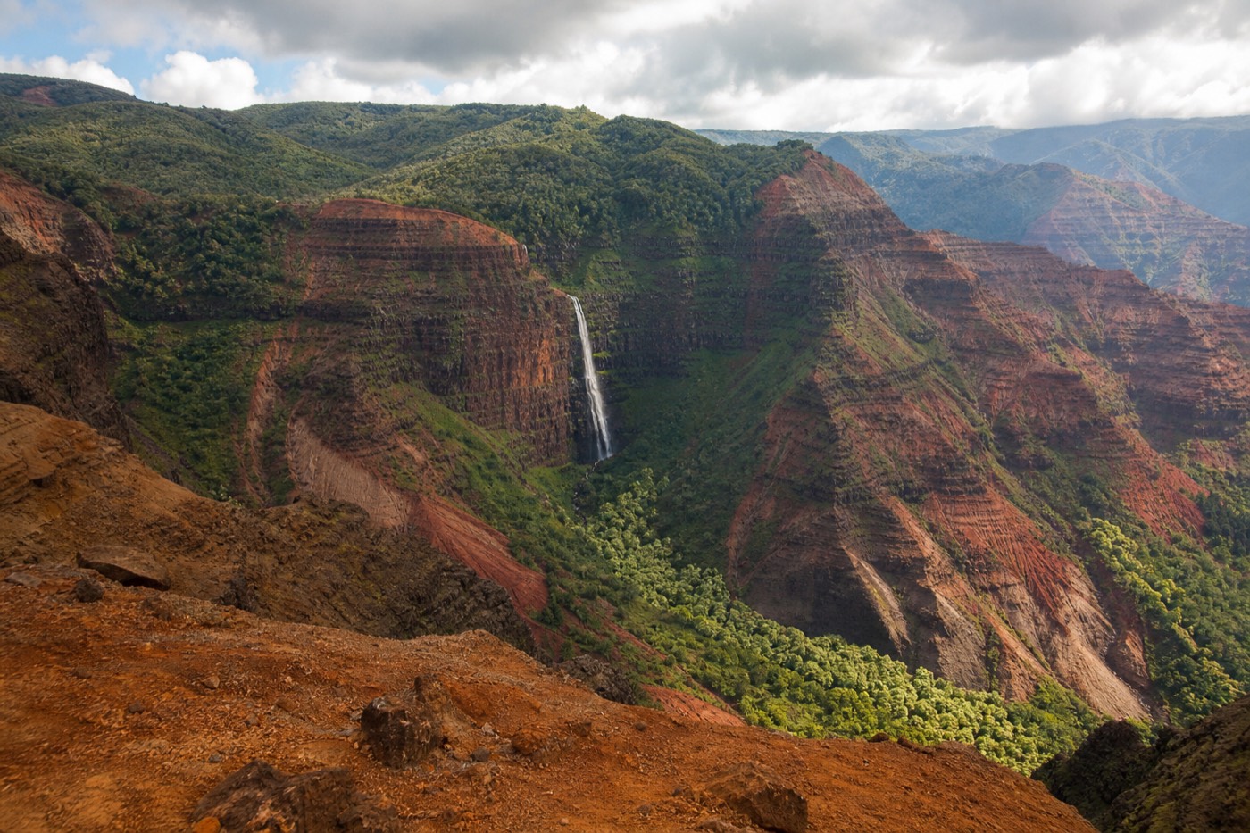 Waipoʻo Falls spilling over red canyon rock into the green depths of Waimea Canyon on Kauai