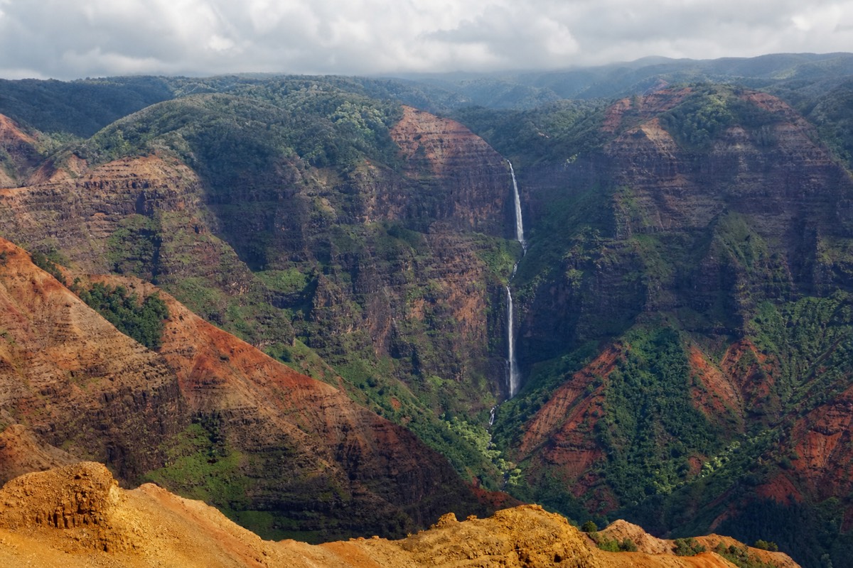 Waipoʻo Falls dropping into Waimea Canyon